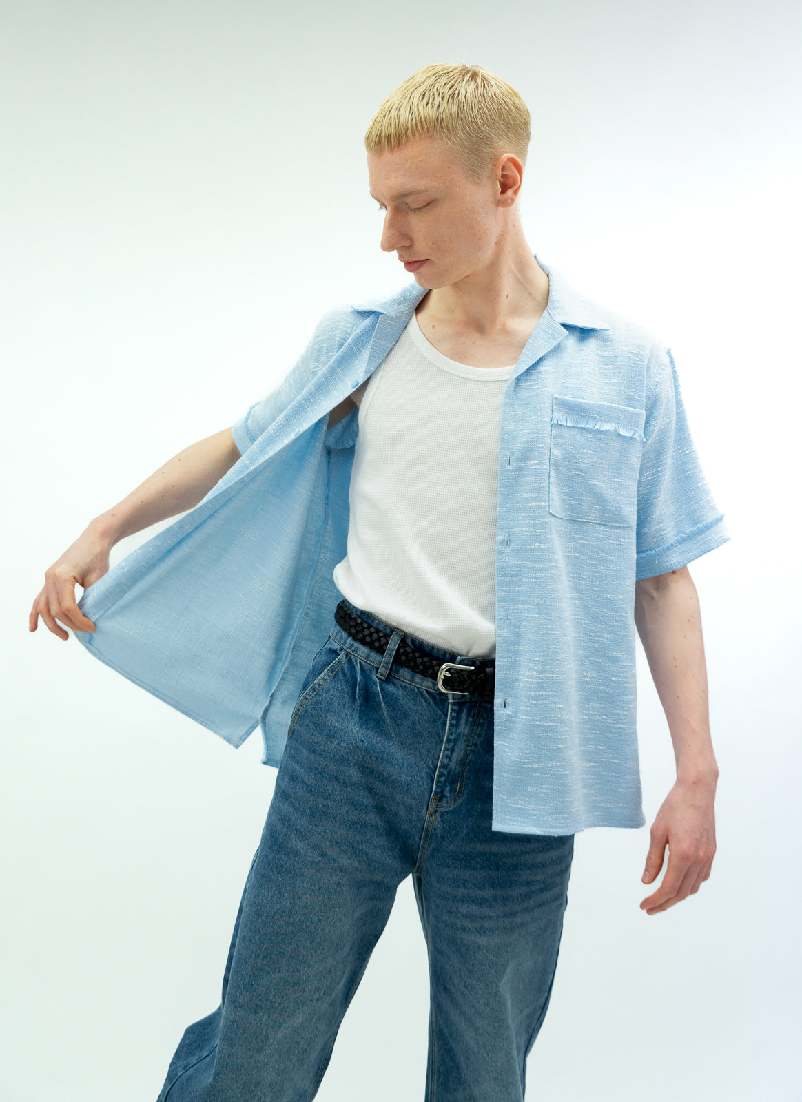 【即納】ヒゲ加工ツイードオープンカラーシャツ BLUE